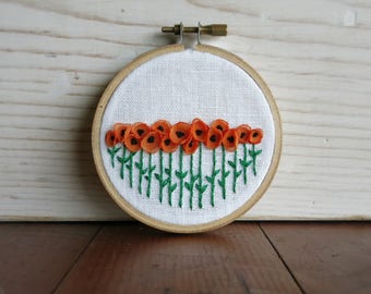 Orange Poppy Fiber Art Embroidery Hoop - 3 Inch Embroidery Hoop