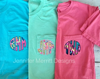 Monogrammed Lilly Pulitzer Appliqué Short Sleeve Comfort Colors Pocket T-shirt, Monogram Shirt
