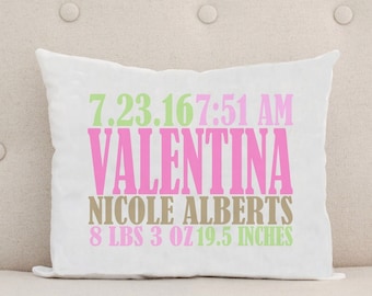 Baby Pillow - Personalized Pillow - Birth Statistics - Birth Announcement - Nursery Decor - Unique Baby Gift - Pink Green Brown