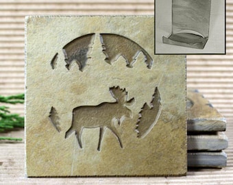 Etched Natural Stone Coaster Set with Holder - Moose in Pine trees on Buff Slate