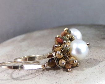 Pearl Earrings, Pearl Cluster Earrings, White Earrings, White Pearl Earrings, Gold Earrings, Natural Pearl, Jasper- MoonPie Deconstructed
