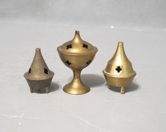 Set of 3 Small Brass Incense Burners / Vintage Mid Century Tiny Incense Holder, Lidded Container Cross Cutout Pattern, Primitive Folk Art