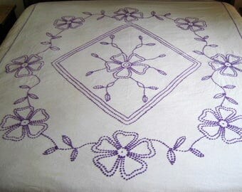 SALE Summery Vintage Hand Made Purple Candlewick Floral Chenille Bedspread 98" x 84"