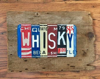 WHISKY license plate sign tomboyART art recycled upcycled pig BBQ bourbon rye american pie tomboy art