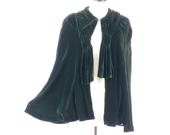 1930s Emerald Green Silk Velvet Cape, Art Deco Cloak