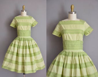 50s vintage dress. 50s green cotton stripe full skirt vintage dress