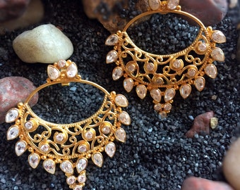 Gold Earring Chand Bali Earring 22K Gold Plated Earring,Fine Jewelry,Kundan,Gemstone jewelry,bridal earring,post chandelier TANEESI C50399