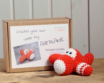 Airplane crochet kit - toy airplane DIY kit - crochet your own rattle - amigurumi kit - gift for crocheter - organic cotton - red and white