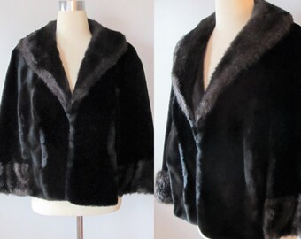 Vintage Classic Black Fur Capelet Jacket / Luxurious Faux Fur Stole "Old Hollywood" Wedding Shoulder Wrap by Regina Glenara Glenoit