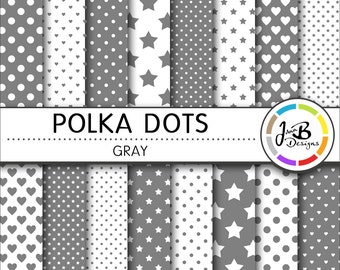 Polka Dots Digital Paper, Gray, Gray and White, Dots, Hearts, Stars, Digital Paper, Digital Download, Scrapbook Paper, Digital Paper Pack