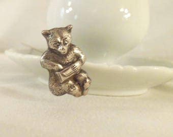 Silver Plate Antique 1910 to 1920s Hat Pin Animated Sitting Bear with Paw in a Purse
