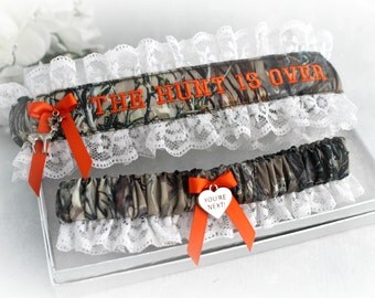 Fall Wedding Garter Set- Camouflage Wedding Garters - Hunting Wedding Garter set - The Hunt is over Garter set - Rustic Wedding Garters.