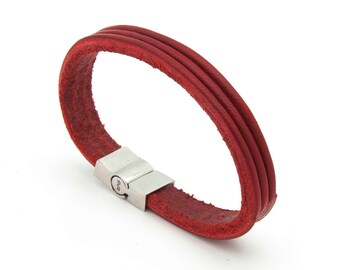Red leather bracelet, Minimalist cuff bracelet, Red cuff bracelet - the TRI Cuff