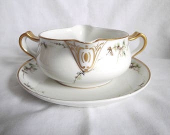 Antique Haviland Limoges Gravy Boat with Attached Under Plate 1894 -1931 2 Handles 2 Spouts VERY RARE
