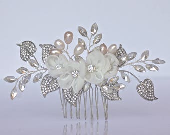 Floral Hair Comb, Silver Bridal Comb, Silk & Pearl Hair Comb, Ivory Floral Hair Comb, Crystal Wedding Haircomb, ALISHA MK1