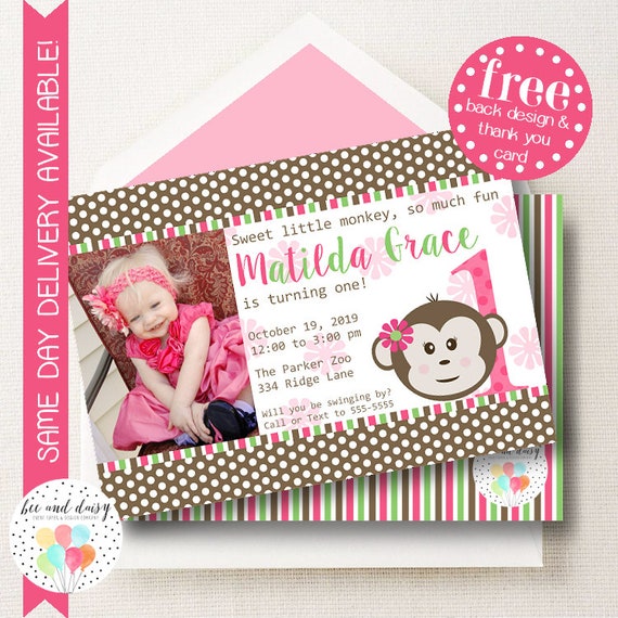 Mod Monkey Invitation, Monkey Birthday Invitation, Monkey Party, Girl First Birthday, Girl Birthday, Monkey Invite, Monkey Photo Invite Il_570xn