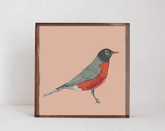 forest nursery decor, woodland nursery, robin bird wall art- nursery art- rustic kids room decor- neutral nursery- art block -redtilestudio