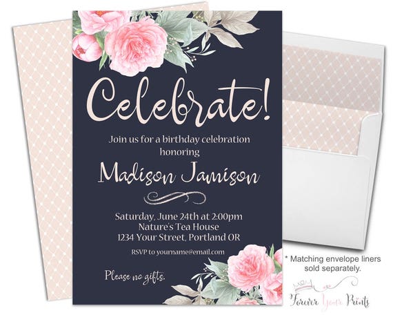 Floral Birthday Invitation, Navy Party Invitation, Birthday Celebration, Let's Celebrate, Glam Birthday, Milestone, Printed Invitation, Chic Il_570xn
