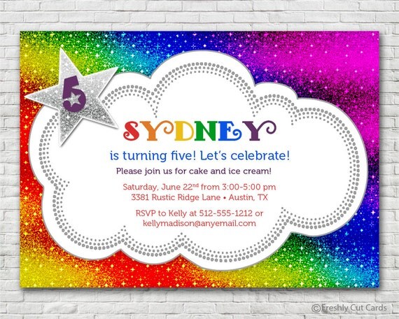 Sparkly Rainbow Birthday Party Invitation - Printable or Printed (w/ FREE Envelopes) Il_570xn