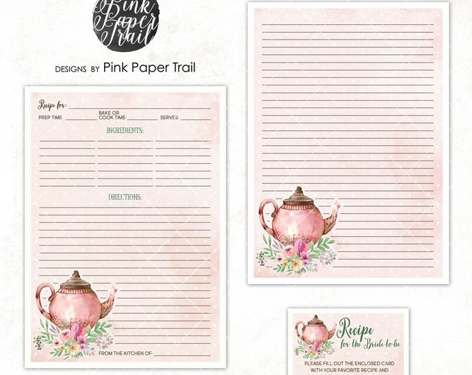 Tea Party Recipe Card Suite, Recipe Card, Sign and Note, Bridal Tea Party, Bridal Shower, Printable Suite, Instant Download, Print Your Own