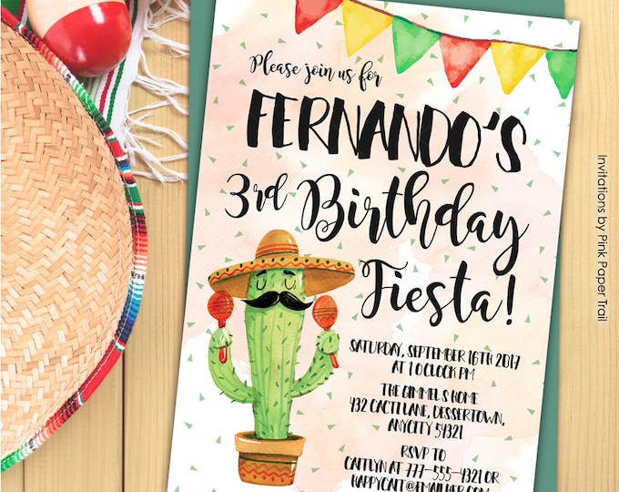 Cactus Cactii Succulents Birthday Fiesta Invitation, Mexican Theme Birthday Printable Invitation