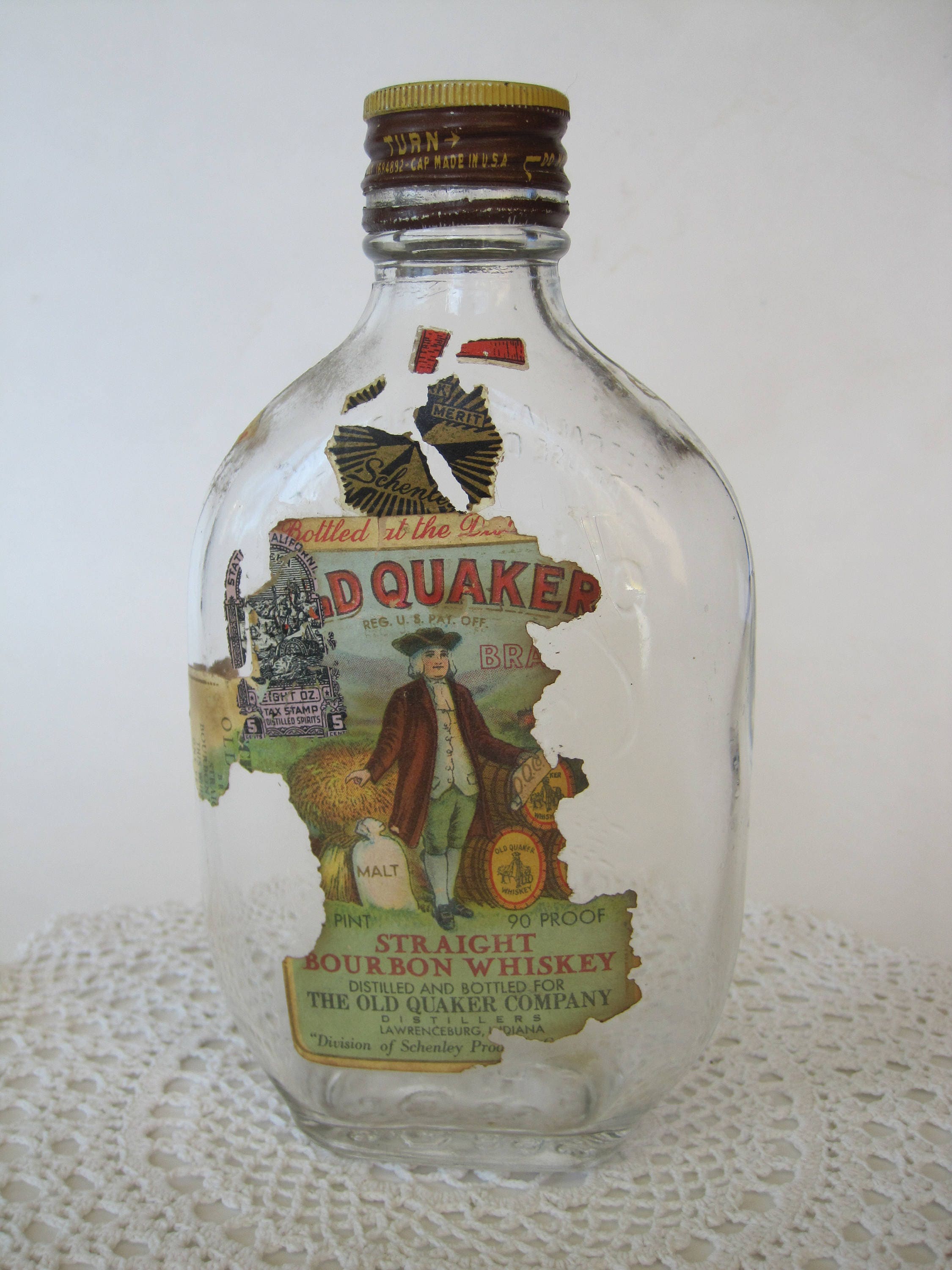 Vintage Old Quaker Brand Straight Bourbon Whiskey Half Pint