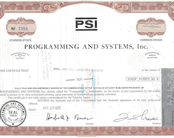 Vintage Programming and Systems, Inc. (PSI) Original Common Stock Certificate (brown),1970's