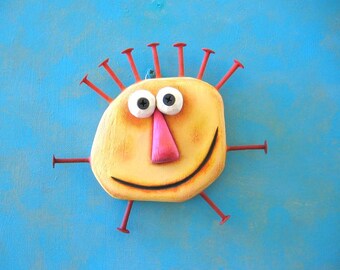 Yellow Walnut, Original Found Object Wall Sculpture, Wood Carving, Wall Decor, Whimsical Art, by Fig Jam Studio