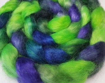 Hand Dyed Young Mohair Top - 4 ounces - Lime Green, Blue and Purple