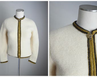 vintage 50s 60s ivory wool zip up Peck & Peck classic mid century modern cardigan sweater -- womens small