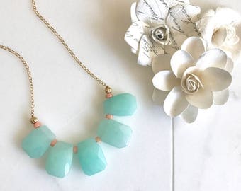 Bib Necklace in Aqua and Peach. Statement Jewelry. Bib Statement Necklace. Gift. Modern Jewelry. Mint Statement Jewelry. Modern.