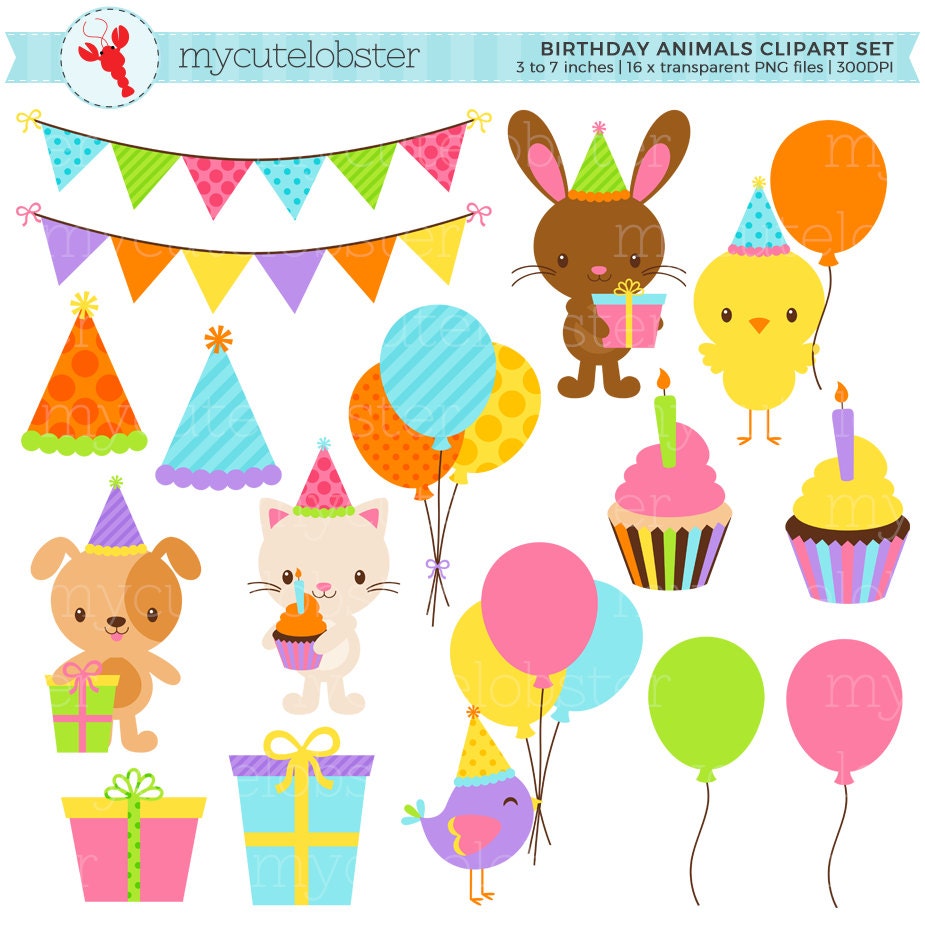 Cute Birthday  Animals  Clipart Set clip  art  set of party 