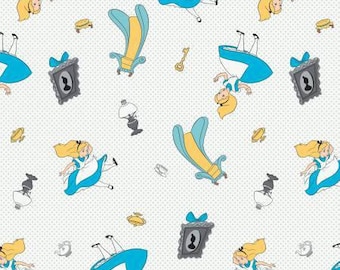 SALE Disney Fabric Alice in Wonderland Falling on Light Gray by Camelot 85020102 03, One Yard