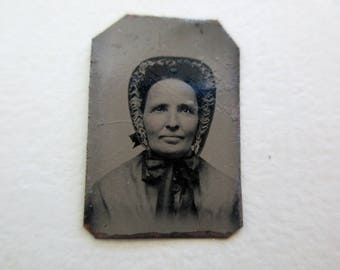 antique miniature gem tintype photo - 1800s, woman with bonnet