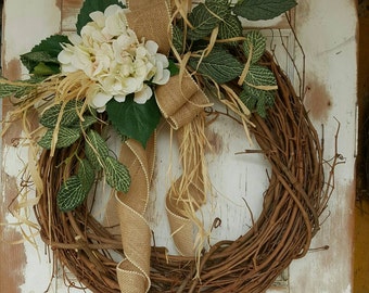 Front door wreath, hydrangea, Wreath - Wreath Great for All Year Round - Everyday Burlap Wreath, Door Wreath