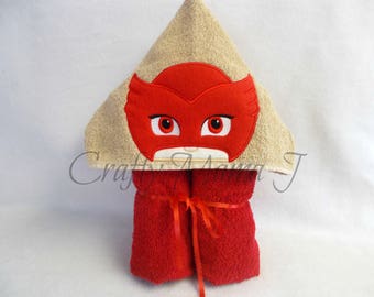 PJ Mask inspired Red Owlette Hooded Bath Towel! 10" Hood. READY To SHIP. Perfect gift. Can be personalized. For Chld or Adult