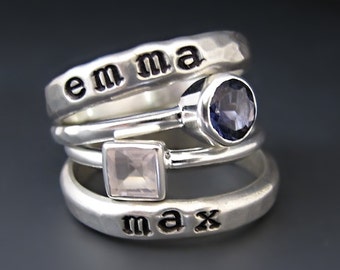 Personalized Sterling Silver Name Rings & Gemstone Stacking Set / Mom Gift / Stacking Rings /Mother's Jewelry /Mother's Ring / Mother's Gift