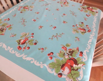 Bucilla Hand Print Cotton Tablecloth Cherry Tree Floral Tablecloth Pink Tablecloth Cottage Tablecloth Blue and Red Table Cover
