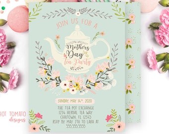 Mother's Day Tea Party Invitation-Tea Party- Afternoon tea-Tea pot invitation-Tea Invitation-Floral Invitation-Mint and Pink-Printable