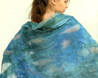 OOAK Hand felted silk - wool scarf / Stole - turquoise, green and blue - Nuno Felt
