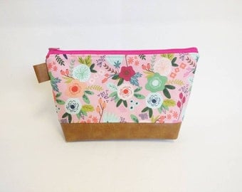 Pink floral makeup bag with cognac brown faux leather