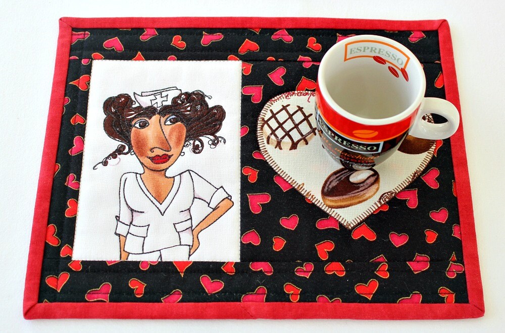 Quilted Nurse Mug Rug Medical Snack Mat Black with Red