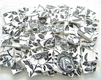 Floral BLACK & WHITE Mosaic Tiles - Broken China - Recycled Plates - 70 Tiles