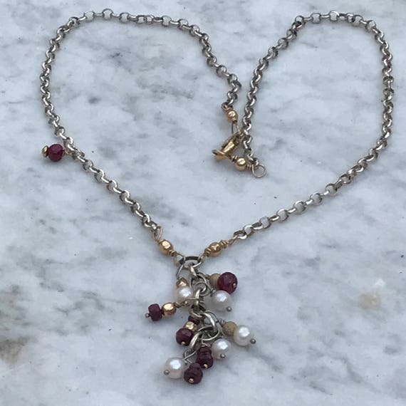 Ruby N Pearl Drop Necklace - diamond Cut Rolo chain - 14 k GF accents - Artisan Sundance Style Jewelry