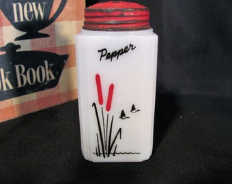 McKee Tipp City Cattails Pepper Shaker / Cattails Milk Glass Shakers with Original Red Lid