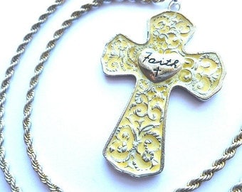 Vintage FAITH CROSS & Chunky Neck Chain, Designer Silvertone Embossed Cross, Mens Cross Pendant Necklace, 1970s Collectible Cross,