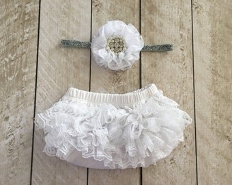 Baby Girl Ruffle Bottom Lace Bloomer & Headband Set in White - Newborn Photo Set - Infant Bloomers - Diaper Cover - by Couture Flower