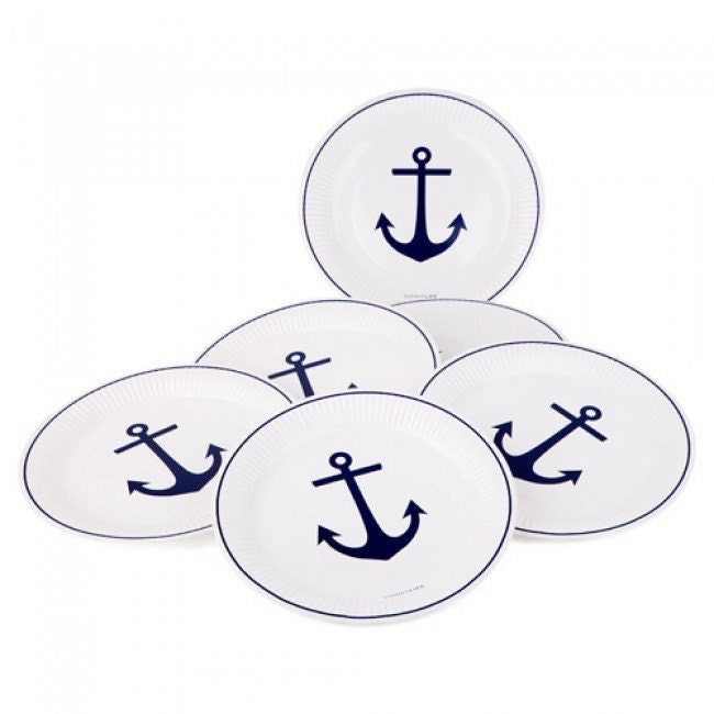 Nautical Paper Plates, Anchor Design, White and Blue, Large Paper Plate ...