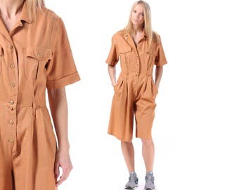 Summer Playsuit 80s Romper Short Sleeve One Piece Jumpsuite Shorts Button Up Linen Pockets Belted Vintage Orange Outfit Beach Onesie Medium
