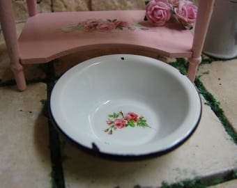 Dollhouse Miniature Shabby Chic Farmhouse Vintage White Round Wash Bowl with Rose Motif